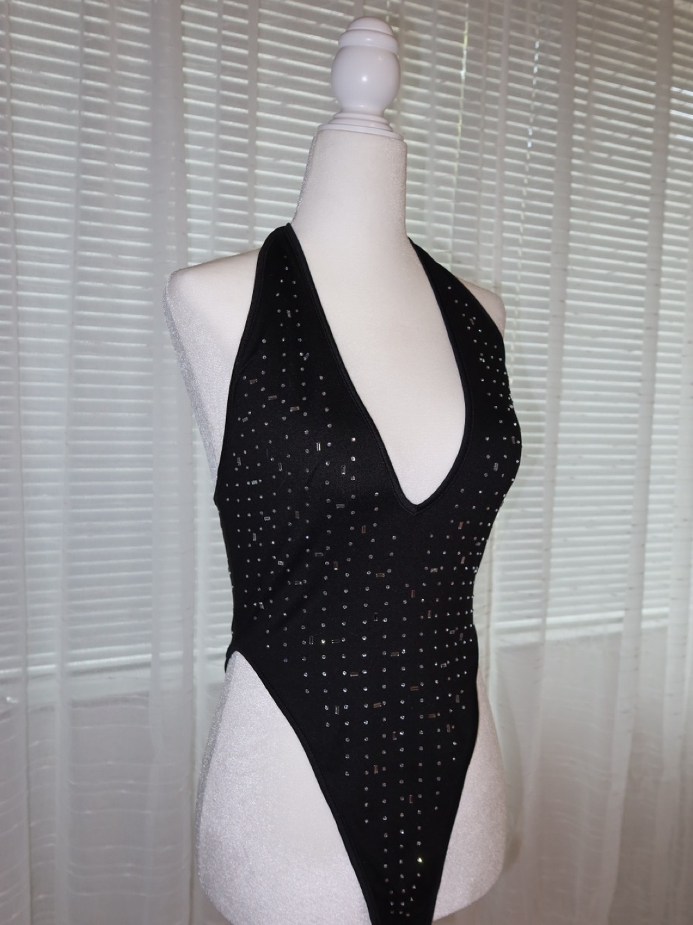 SHEIN Black Rhinestone Halter Bodysuit